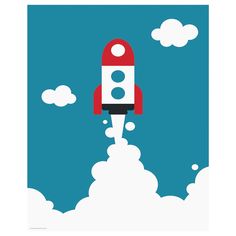 a red and white rocket is flying through the air on a cloud filled blue sky