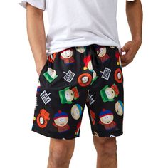 Step into the animated world of South Park with this men's t-shirt and lounge shorts set. The white t-shirt features a grid showcasing Kyle, Stan, Cartman, and Kenny, while the black lounge shorts boast an all-over print of the iconic characters. Crafted from comfortable polyester French terry for the shorts and a blend of cotton and polyester materials for the tee, this 2-pack set ensures both style and ease. Machine washable on cold with like colors and tumble dryable on low heat, this officia Casual Cartoon Print Cotton Sleepwear, Casual Cotton Sleepwear With Cartoon Print, Casual Sleepwear With Cartoon Print And Crew Neck, Casual Cartoon Print Crew Neck Sleepwear, Black Graphic Print Short Sleeve Sleepwear, Casual Black Sleepwear With Cartoon Print, Black Short Sleeve Sleepwear With Graphic Print, Casual Black Printed Sleepwear, Black Cotton Casual Sleepwear