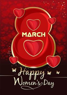 a happy women's day card with hearts and the number eight in gold on a red background