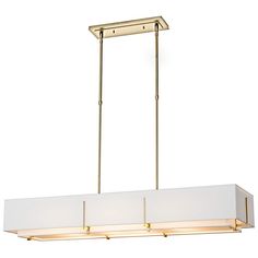 a large rectangular light fixture with three lights on each end and two square shades hanging from the ceiling