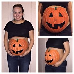 the pregnant woman is holding her belly with two carved pumpkins on it's stomach