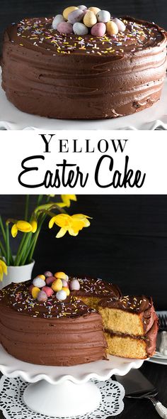 a cake with chocolate frosting and easter eggs on top, sitting on a plate