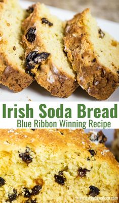 irish soda bread with raisins on top and blue ribbon winning recipe in the middle