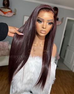 OpHair - Glueless Human Hair Lace Front Wigs Burgundy Straight Wigs  - OPH032 Human Hair Wigs Lace Front, Coated Lace Front Wigs, Fall Closure Wigs, Human Hair Lacefront Wigs, Human Hair Front Lace Wigs, Burgundy Lace Front Wig Human Hair, Widow's Peak Wig, 777 Wigs, Lace Front Wigs Premier Lace Wigs