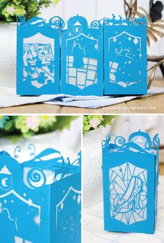 three different views of the inside of a blue box with cut out designs on it