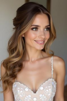 a beautiful woman in a wedding dress posing for the camera with her hair blowing back