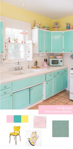 a kitchen with blue cabinets and yellow walls