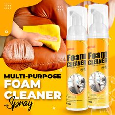 three foam cleaners are shown with the same product in front of it and an image of