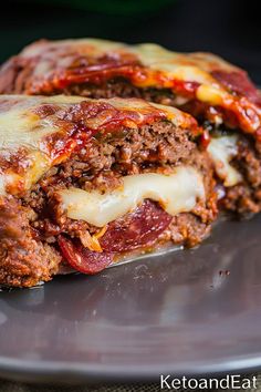 a close up of a plate of food with meat and cheese on the top layer