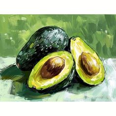 an acrylic painting of two avocados on a table