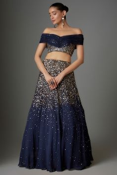 Navy blue can can attached lehenga with sequin embroidery. Comes with padded embellished blouse. - Aza Fashions Peplum Blouse Pattern, Off Shoulder Lehenga, Mod Party, Navy Blue Lehenga, Lehenga With Blouse, Diwali 2024, Cape Lehenga, Kurta Lehenga, Indian Bridesmaid Dresses