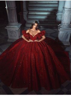 #fashion #aesthetic #outfits #dresses #trendy  #reddress Red Ballgown Dress, Quinceanera Dresses Dark Red, Dark Red Quinceanera Dresses, Dark Red Ball Gown, Quince Planning, Burgundy Quinceanera Dresses, Quinceanera Dresses Red, Quince Stuff, Red Wedding Gowns