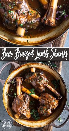 two pictures of beef braised lamb shanks with gravy