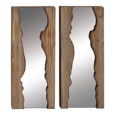 two mirrors that are next to each other on a white background and one is made out of wood