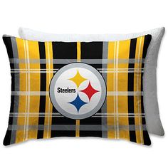 the pittsburgh football team plaid pillow is shown in black, yellow and white with a logo on