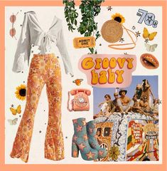 a collage of women's clothing and accessories including boots, an umbrella, sunflowers