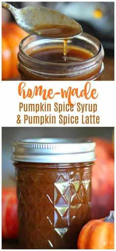 homemade pumpkin spice syrup and pumpkin spice latte in a glass jar with a spoon