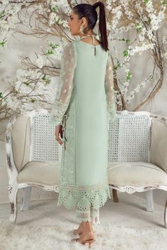 Suzie | Pakistani Designer Outfit | Sarosh Salman Long Sleeve Pista Green Georgette Palazzo Set, Lawn Suit With Chikankari Embroidery For Reception, Designer Lace Work Kurta, Long Sleeve Georgette Palazzo Set With Sheer Dupatta, Georgette Palazzo Set With Sheer Dupatta And Long Sleeves, Elegant Pista Green Silk Palazzo Set, Long-sleeved Organza Kurta For Reception, Organza Kurta With Long Sleeves For Reception, Elegant Pista Green Georgette Palazzo Set