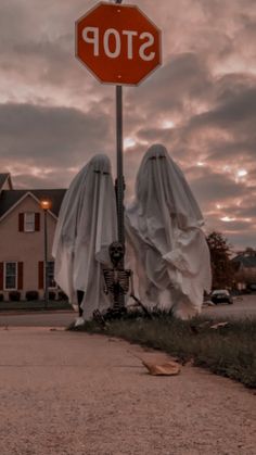 a stop sign covered in white cloths on the side of a road at dusk