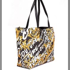 Black And Gold Logo Tote Full Graphic Text: Versace Jeans Couture Zip Closure Huge 18” X 12” X 6” This Listing Comes With Matching Wristlet & Dust Bag Versace Bag, Pink Shoulder Bag, White Shoulder Bag, Patent Leather Bag, Vintage Versace, Versace Collection, Couture Bags, Leather Satchel Bag, Leather Handbags Tote