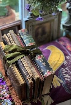 an old book with a green ribbon tied to it sitting on a pillow in front of a window