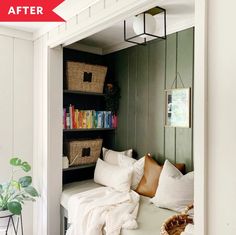 a room with some bookshelves and baskets on the wall