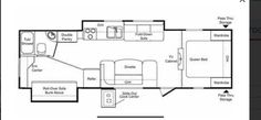 the floor plan for a travel trailer with two beds and one living room, including a kitchen