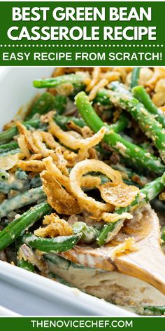 green bean casserole recipe in a white dish