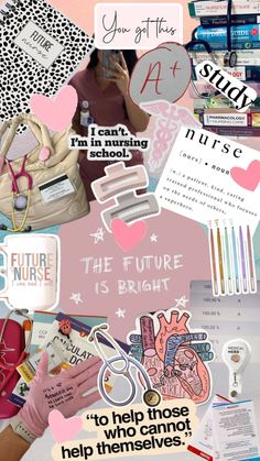 the collage has many different things on it, including pink and white paper with black lettering