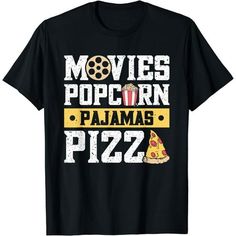 a black shirt that says movies popcorn, paamas pizza