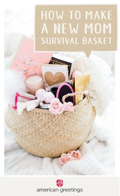 a basket filled with lots of items sitting on top of a white blanket next to a sign that says how to make a new mom survival basket