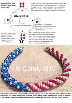 the instructions for how to make an american flag beaded bracelet with red, white and blue