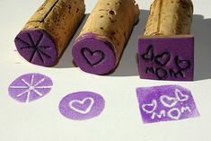 three wine corks with the words diy foam stamps on them