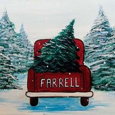 a painting of a red truck with trees in the back and farrell written on it