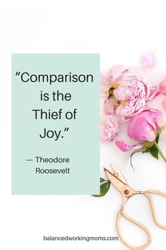 pink flowers and scissors with a quote from theodore roosevelt on the topic'comparison is the thief of joy '