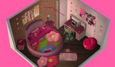 an aerial view of a bedroom with pink walls and furniture, including a flowery bed