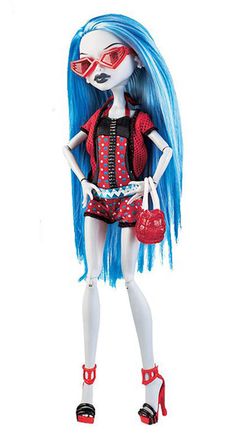 a doll with blue hair wearing red shoes and holding a handbag in her hands