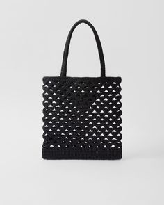 Black Crochet Tote Bag | PRADA Designer Black Straw Bag With Top Handle, Designer Black Straw Bag For Daily Use, Designer Black Straw Bag With Woven Leather, Designer Black Rectangular Straw Bag, Luxury Black Straw Bag With Handles, Black Tote Straw Bag For Evening, Designer Rectangular Crochet Shopping Bag, Designer Black Woven Bag, Black Woven Leather Straw Bag With Double Handle