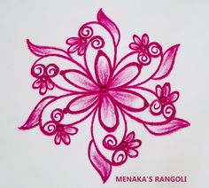 a drawing of a pink flower with swirls and leaves on white paper that says meenaka's rangoli