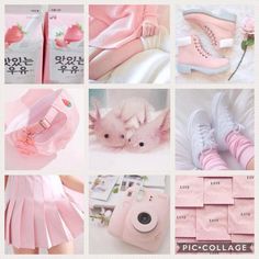 pink collage with various items including shoes and accessories