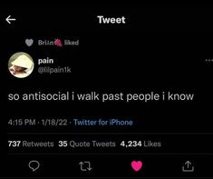 two tweets that are on the same page, one is saying i am so antisocial i walk past people i know