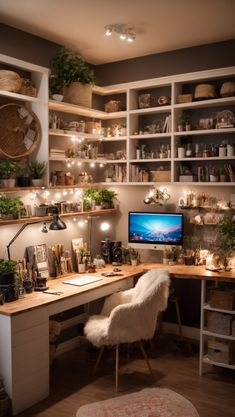 a home office with lots of shelves and plants on the desk, along with a computer