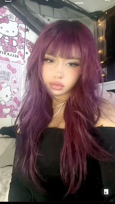 Long Purple Hair With Bangs, Purple Hair With Pink Money Piece, Purple Hair Costume Ideas, Purple Hair Halloween Costumes Ideas, Purple Hair With Bangs, Whisky Bangs, Pelo Color Vino, Paznokcie Hello Kitty, Half And Half Hair