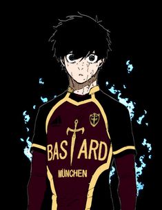 an anime character with black hair wearing a red and yellow uniform, standing in front of a dark background