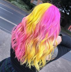 Vivid Summer Hair Color, Multi Hair Color Ideas, Vivid Hair Color Ideas Blondes, Summer Vivid Hair Color, Interesting Hair Color, Fantasy Hair Color Ideas, Vibrant Hair Color Ideas, Pink Yellow Blue Hair