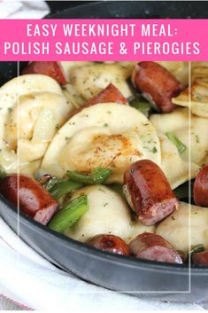 a skillet filled with sausage and potatoes