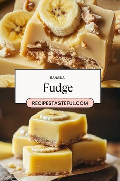 bananas and fudge are stacked on top of each other with text overlay that reads, banana fudge recipe