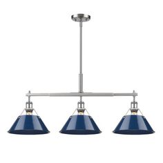 three blue lamps hanging from a ceiling fixture with two lights on each side and one light in the middle