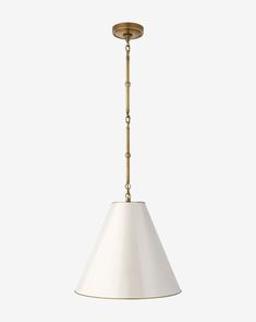 a white and gold pendant light hanging from a ceiling fixture with a chain on the end