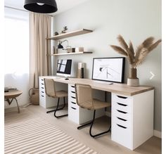 a desk with two chairs and a computer on it